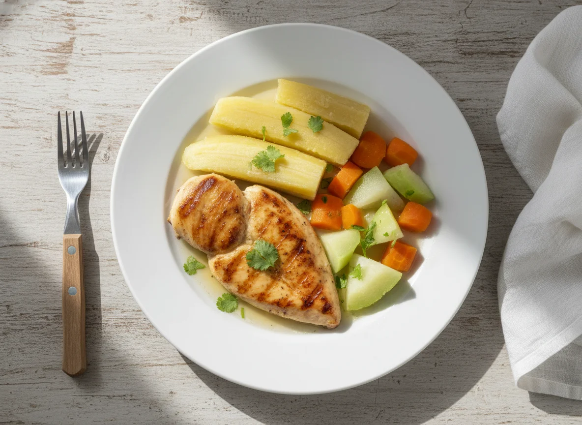 Plato de pollo con vegetales y plátano cocido photo