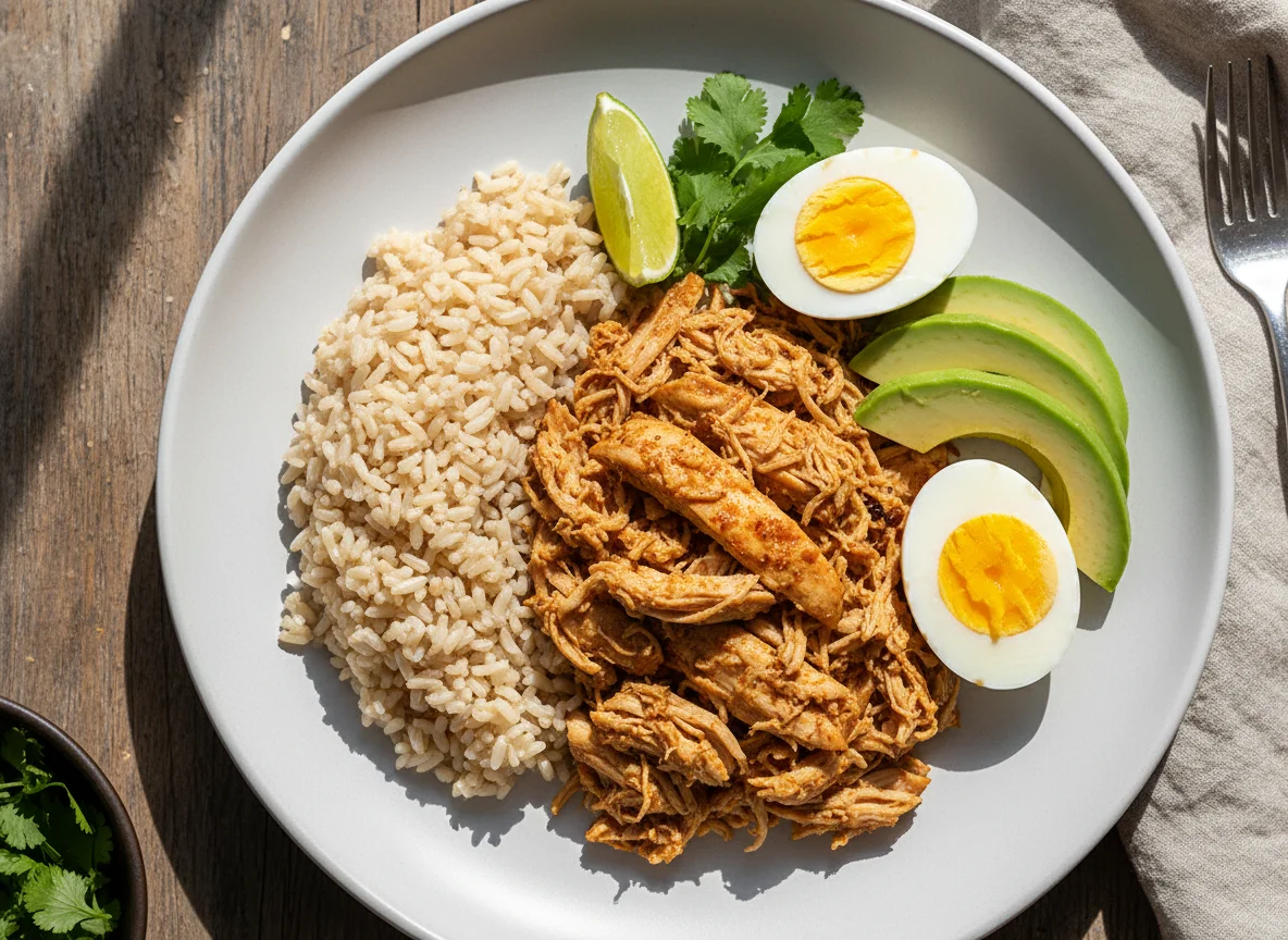 Plato de pollo deshebrado, arroz, huevo y aguacate photo