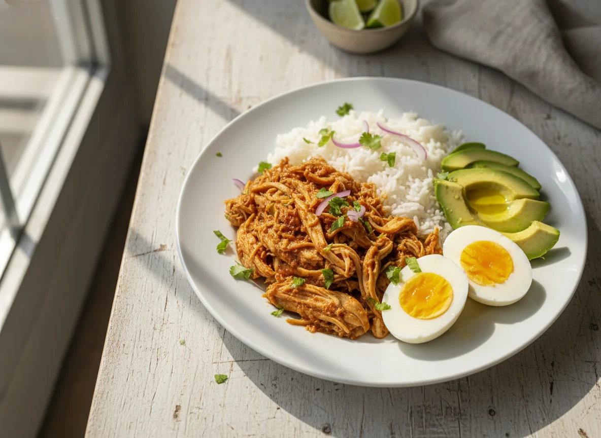 Plato de pollo deshebrado con arroz, huevo y aguacate photo