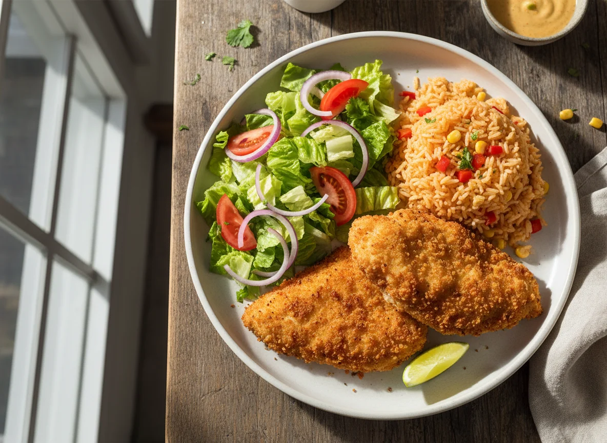 Plato de pollo empanizado con arroz y ensalada photo