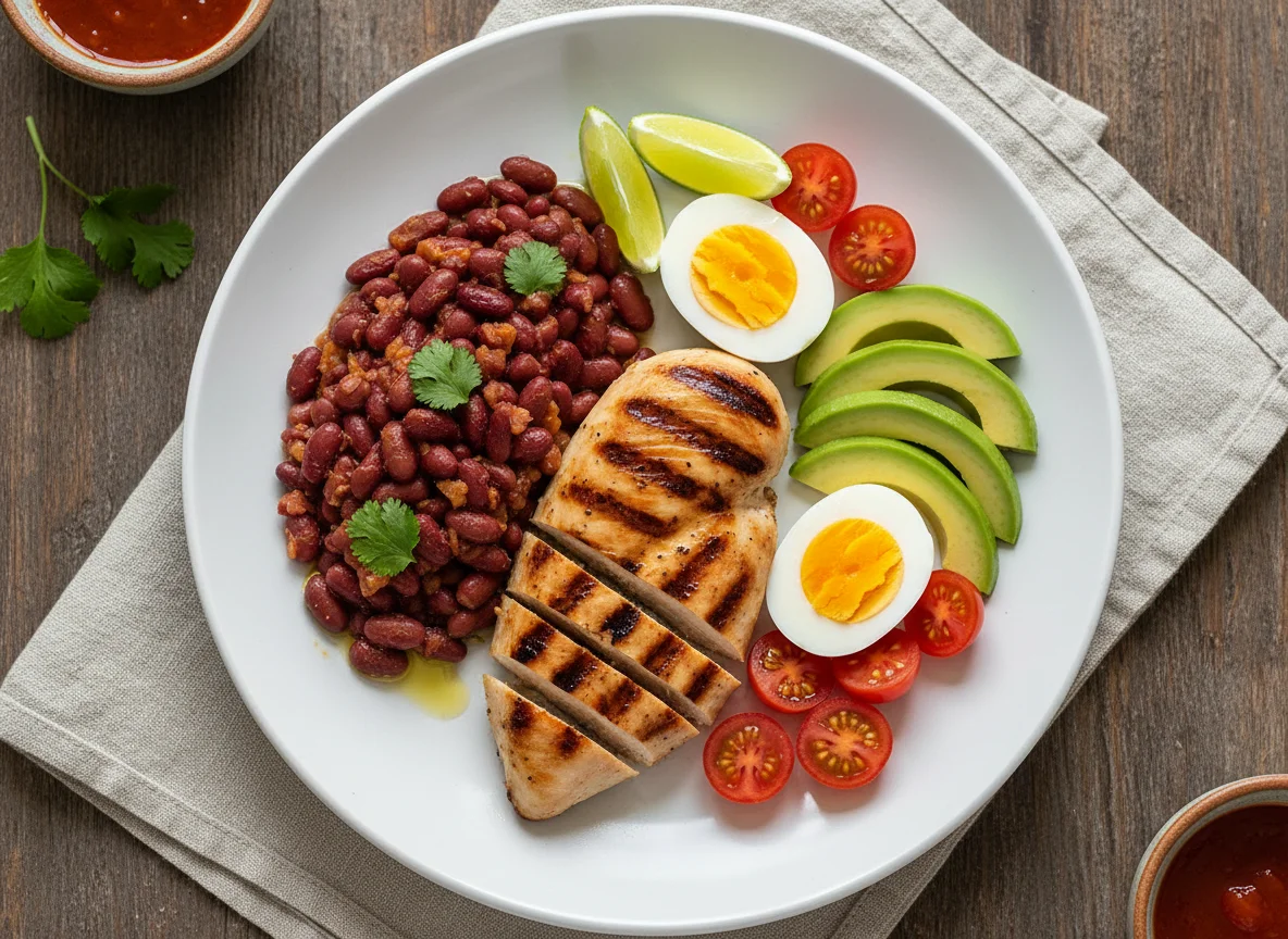 Plato de pollo, frijoles, aguacate y huevos photo