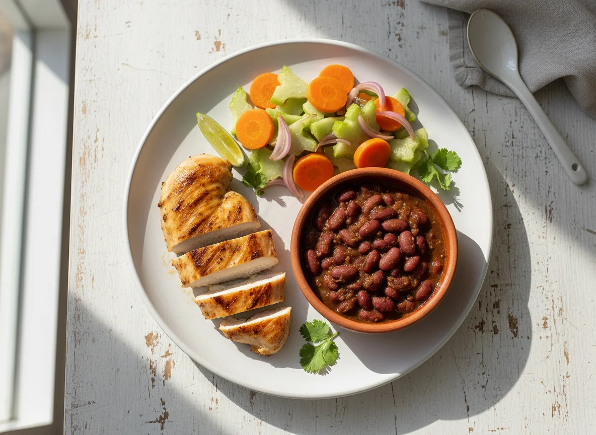 Plato de pollo, frijoles y vegetales photo