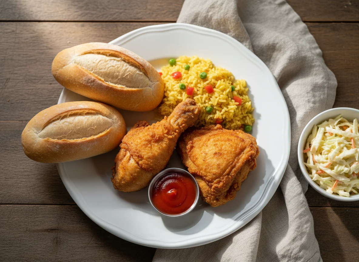 Plato de pollo frito con arroz y pan photo