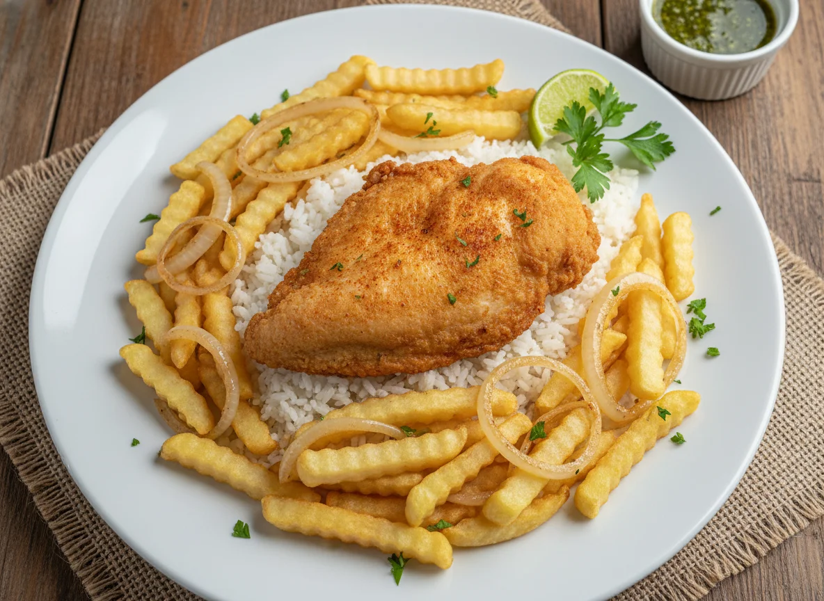 Plato de pollo frito con arroz y papas fritas photo