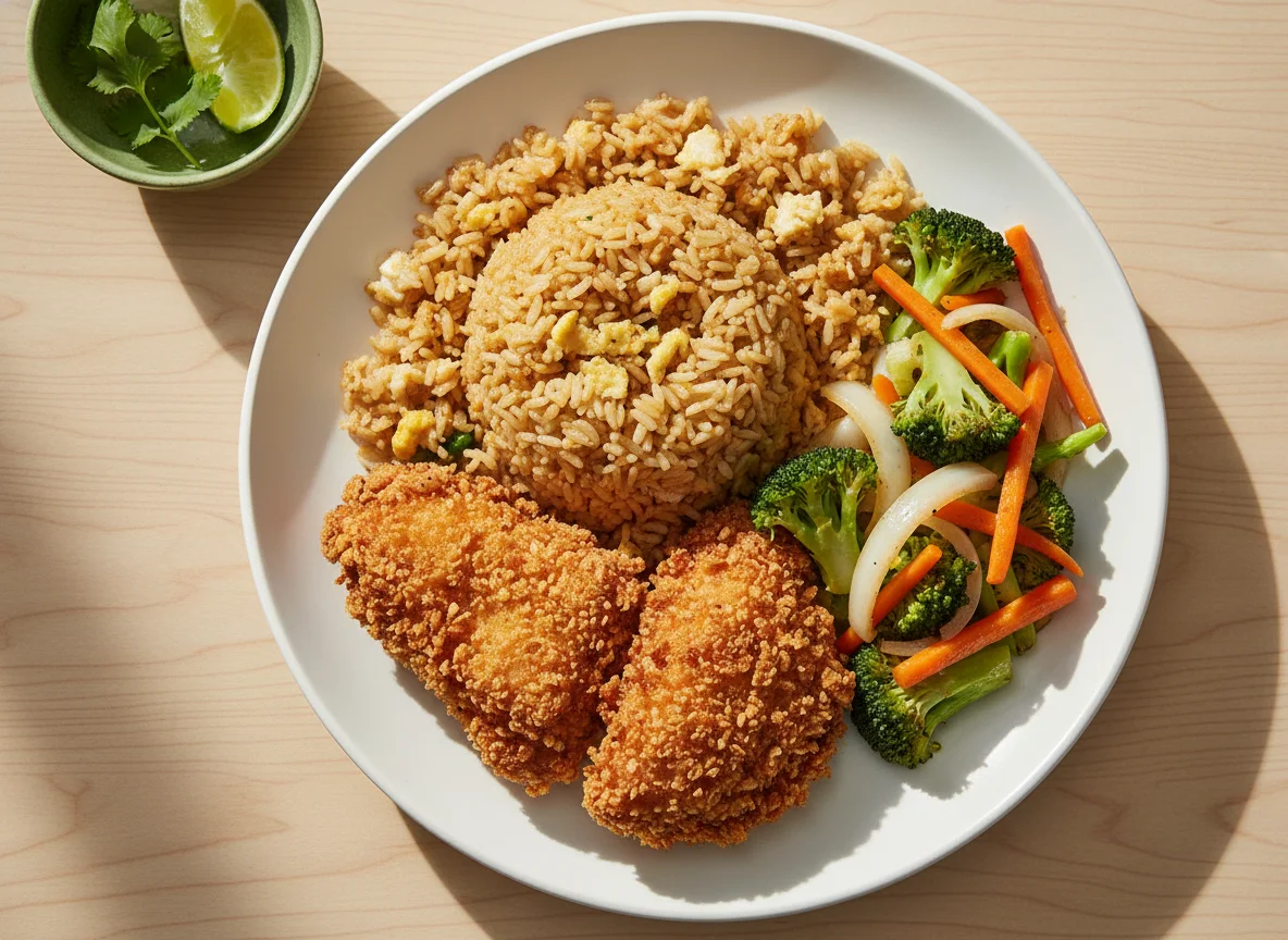 Plato de pollo frito con arroz y verduras photo