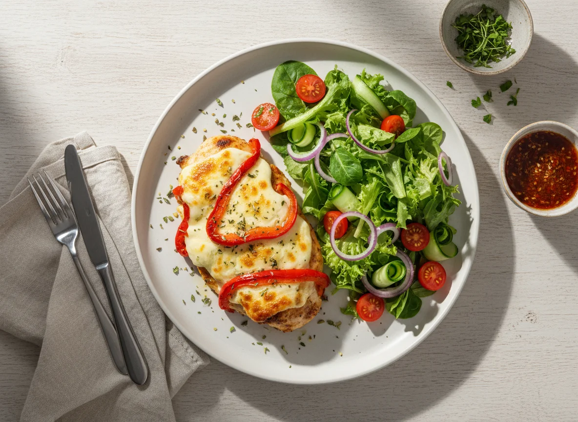 Plato de pollo gratinado con ensalada y pepino photo