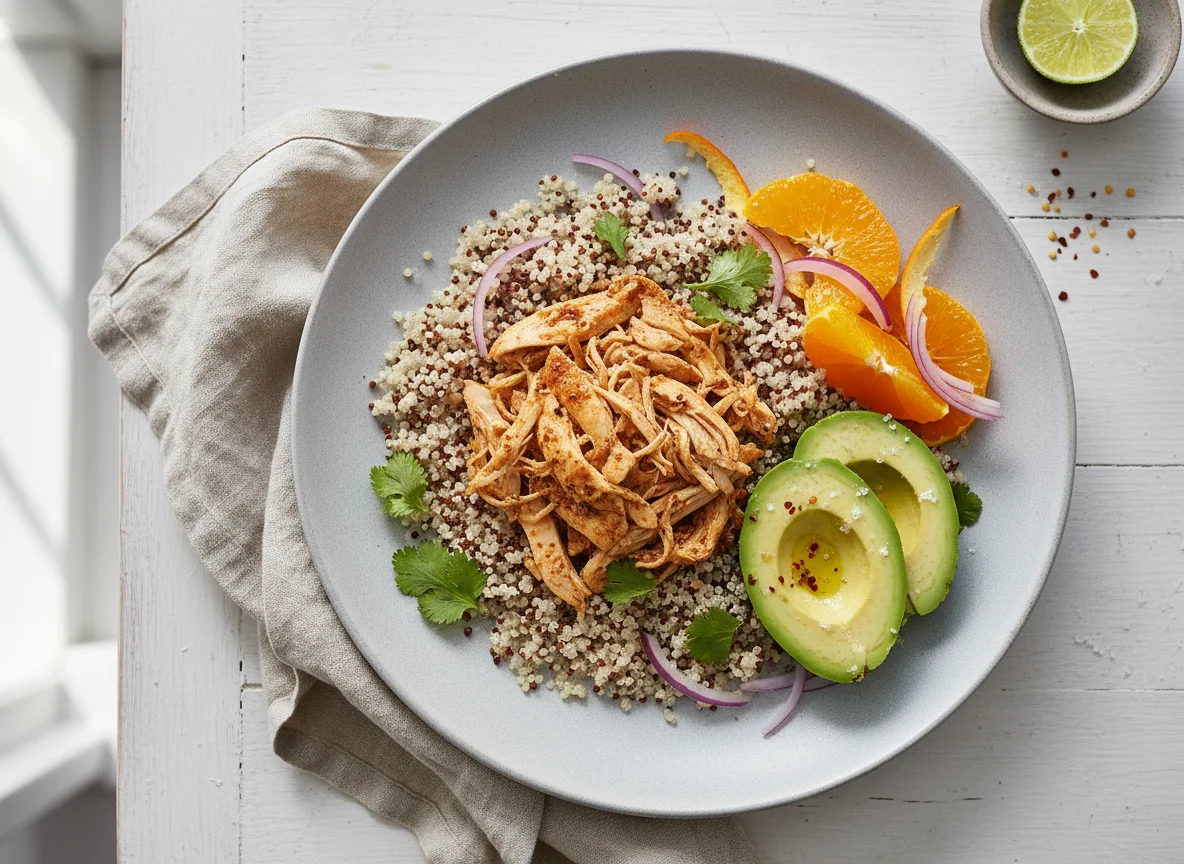 Plato de pollo, quinoa y aguacate con naranja photo