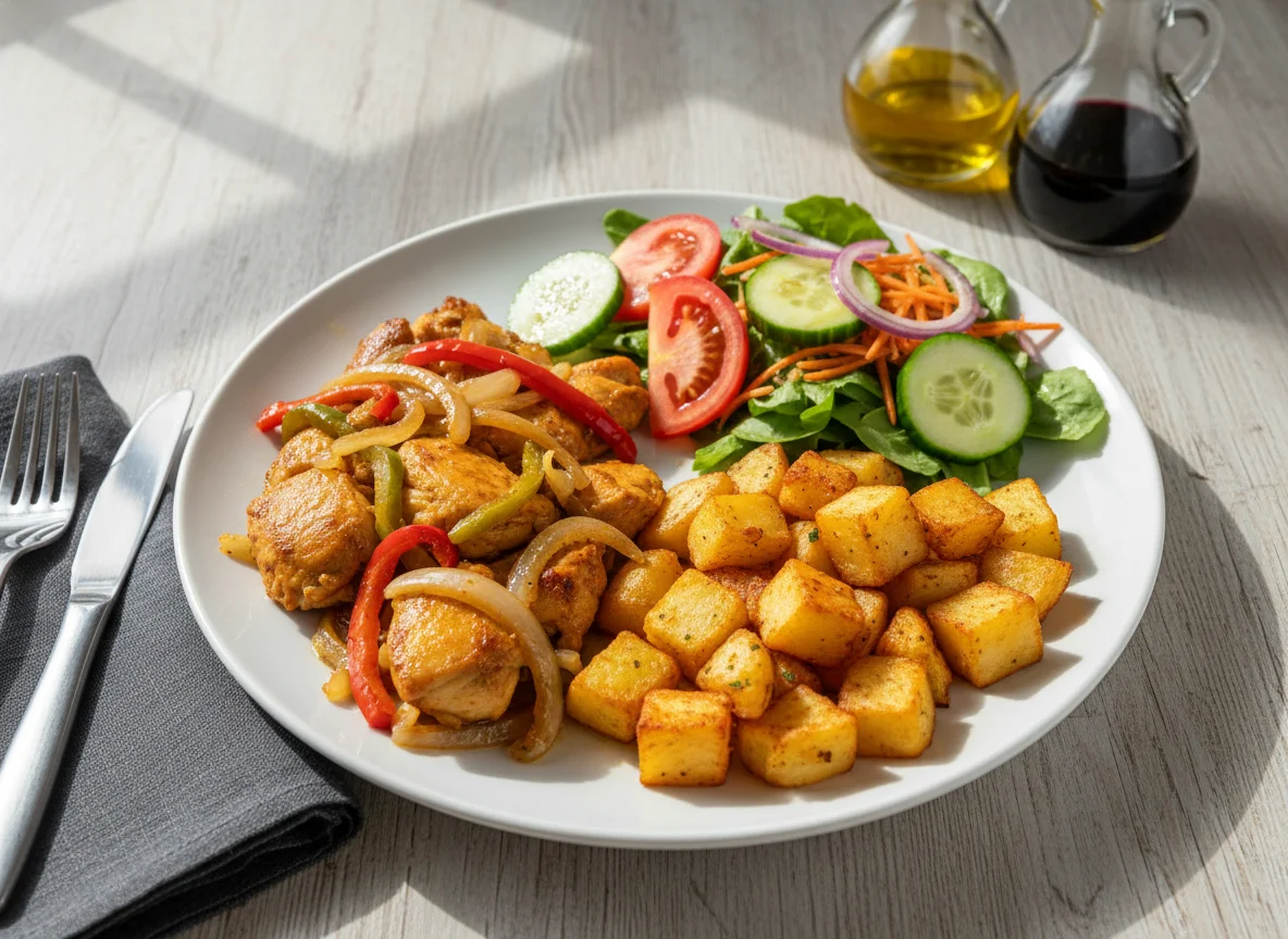 Plato de pollo salteado con papas y ensalada photo