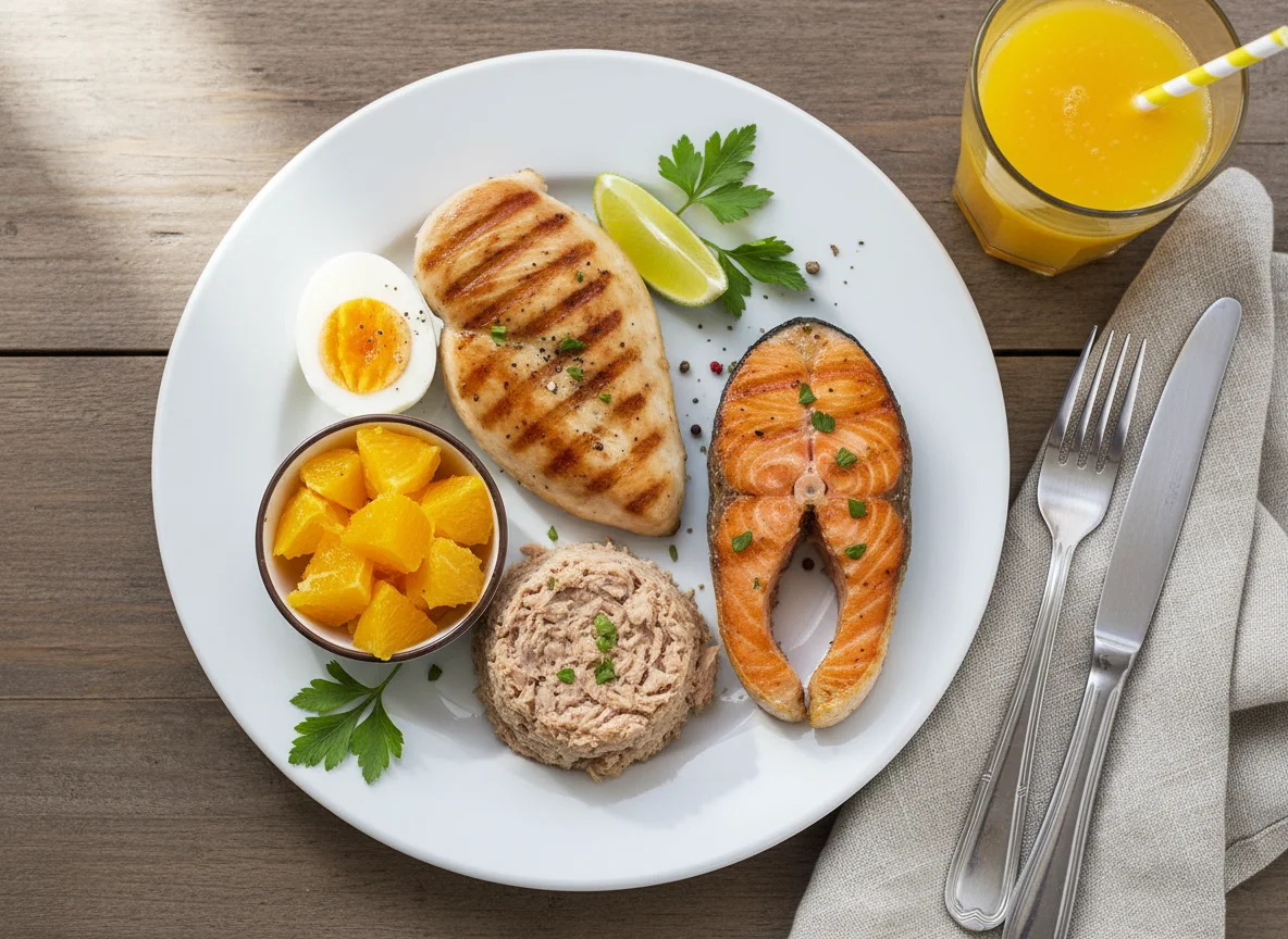 Plato de proteínas variadas con zumo photo