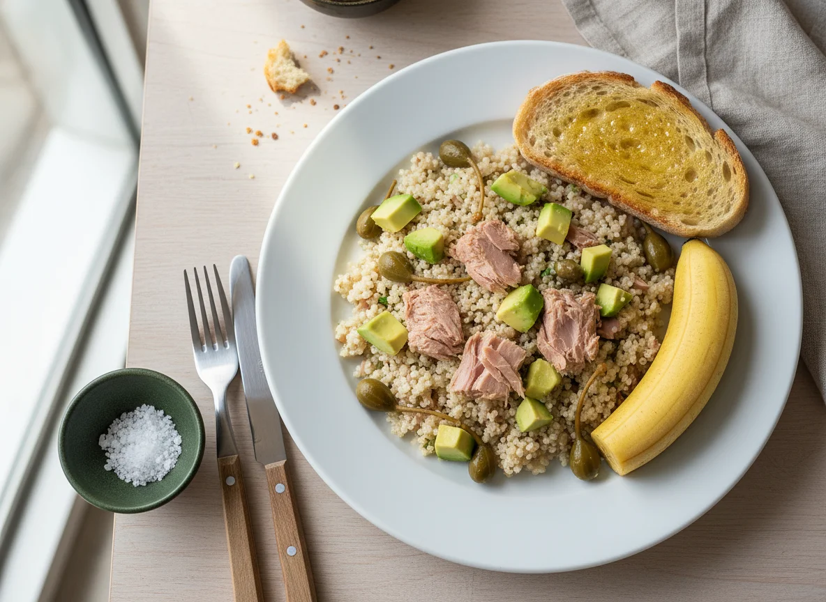 Plato de quinoa con atún y aguacate, tostada y plátano photo