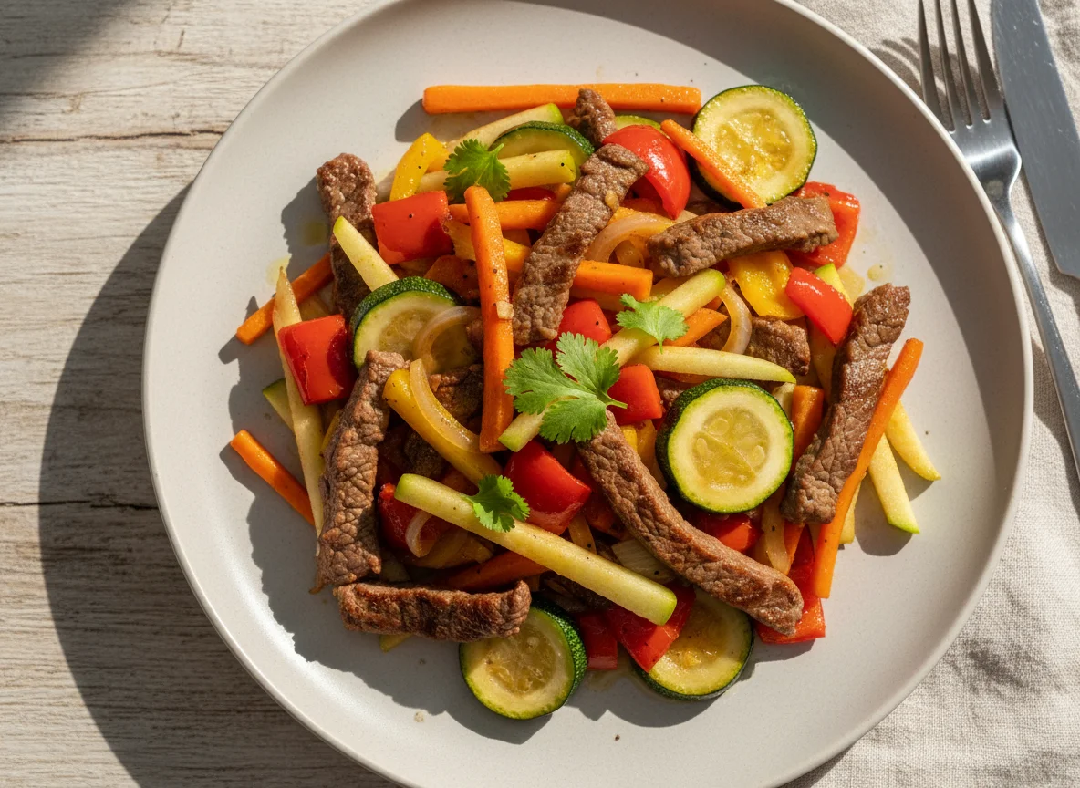 Plato de res con vegetales salteados photo