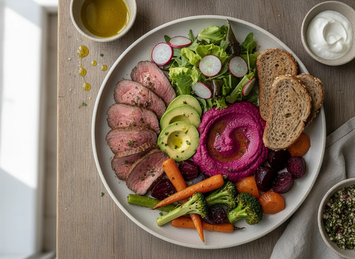 Plato de Roast Beef con Hummus de Remolacha y Verduras photo