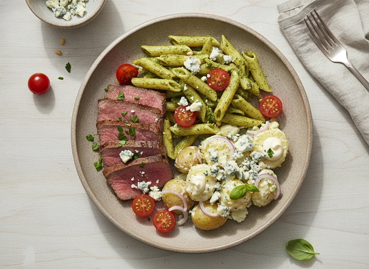 Plato de rosbif con pasta al pesto, ensalada de patata y queso azul photo