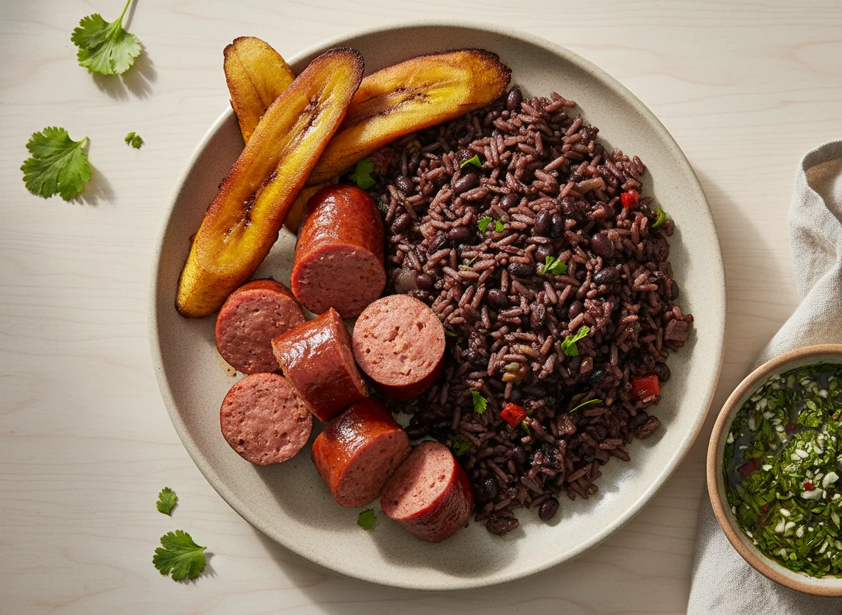 Plato de salchicha con arroz y plátano photo