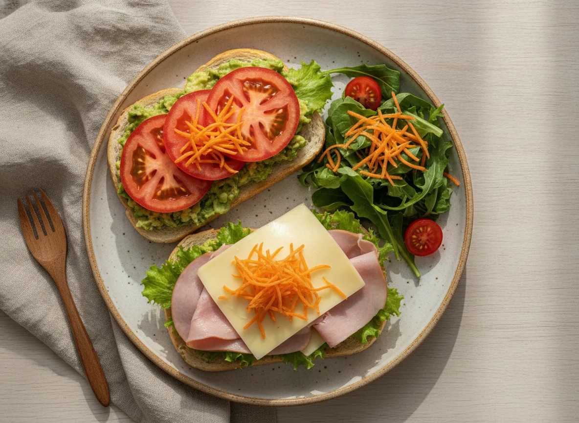 Plato de sándwich abierto con ensalada photo
