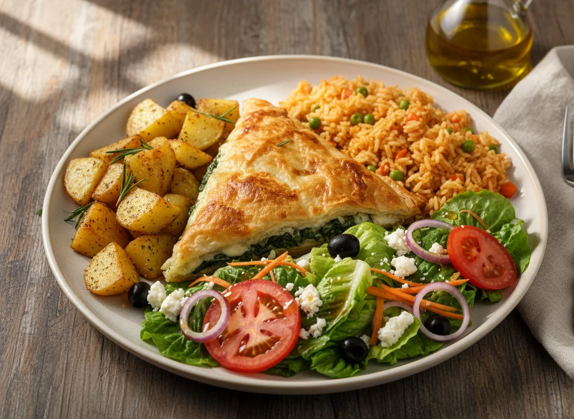 Plato de Spanakopita con guarniciones photo