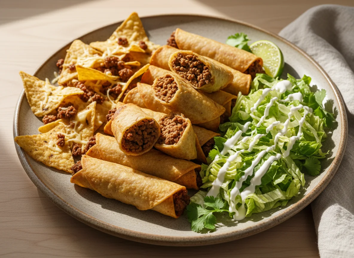 Plato de taquitos fritos con nachos y ensalada photo