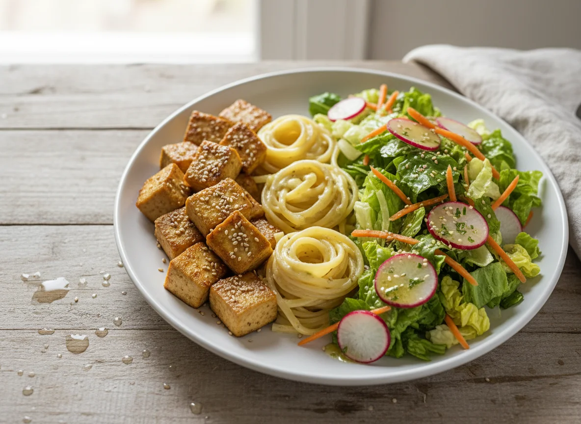Plato de tofu con pasta y ensalada photo