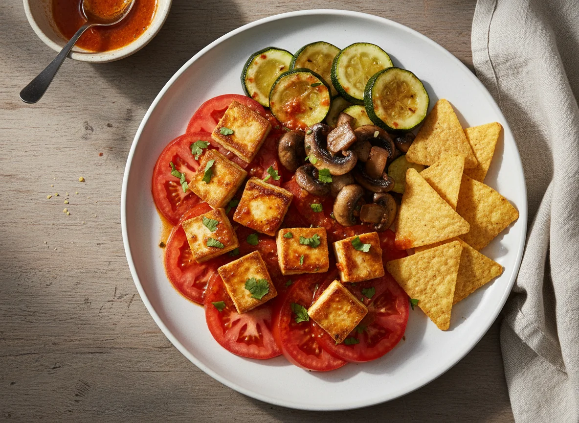 Plato de tofu con vegetales y tomate photo