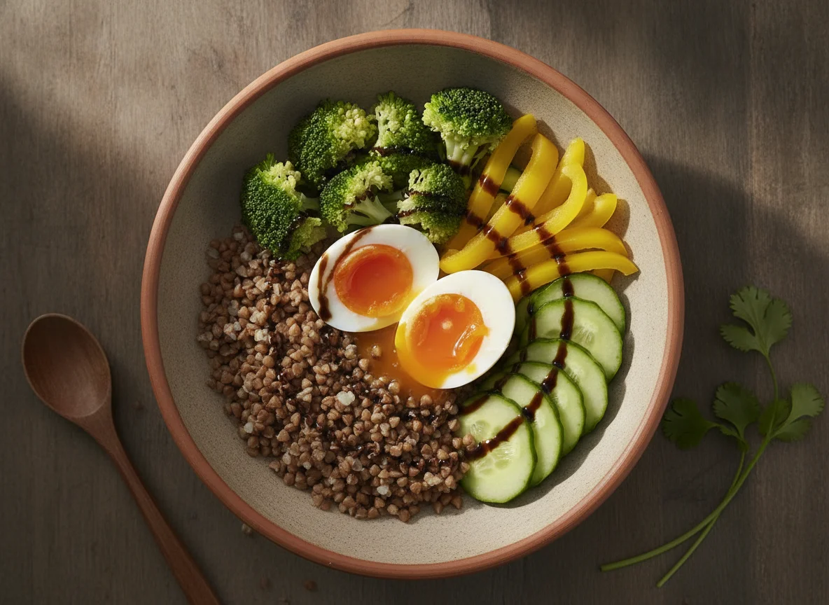 Plato de trigo sarraceno con huevo y verduras photo