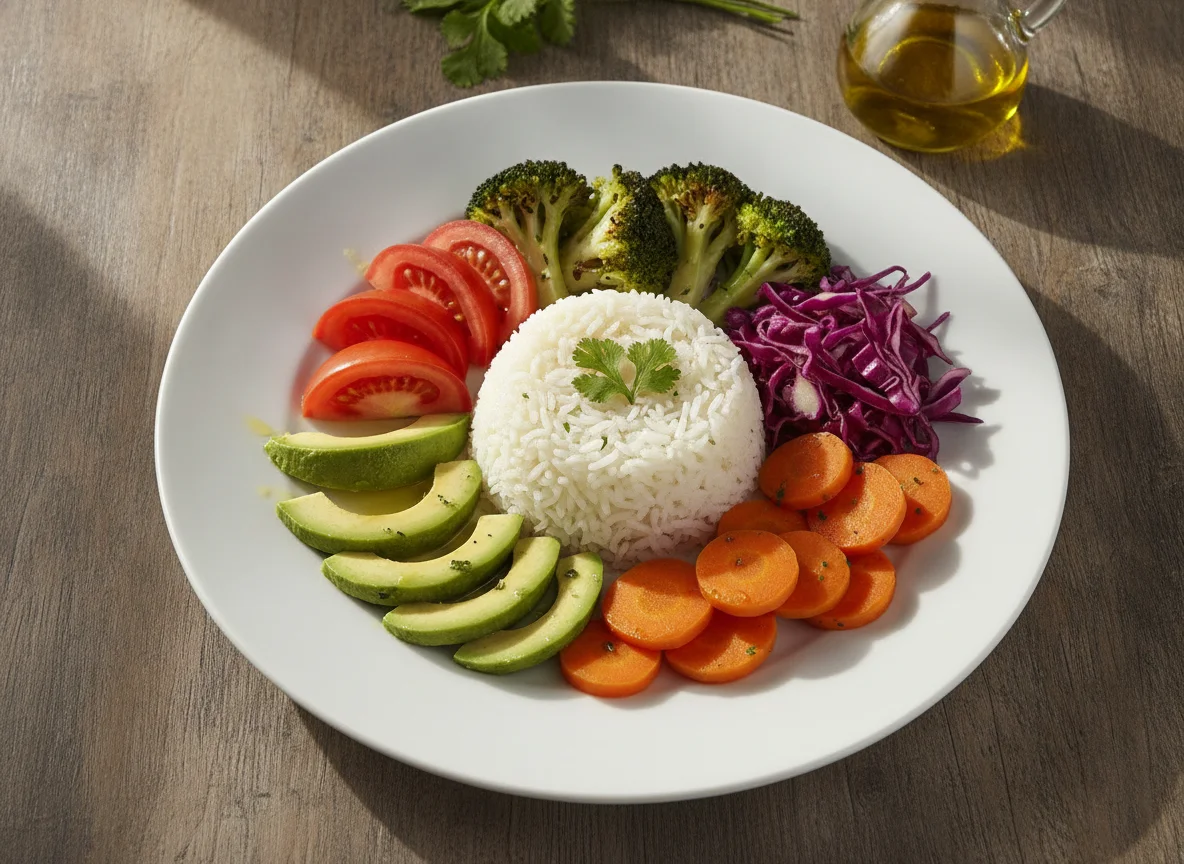 Plato de vegetales variados con arroz photo