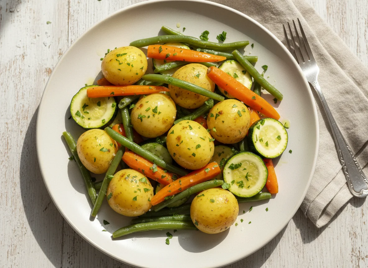 Plato de vegetales y papas photo