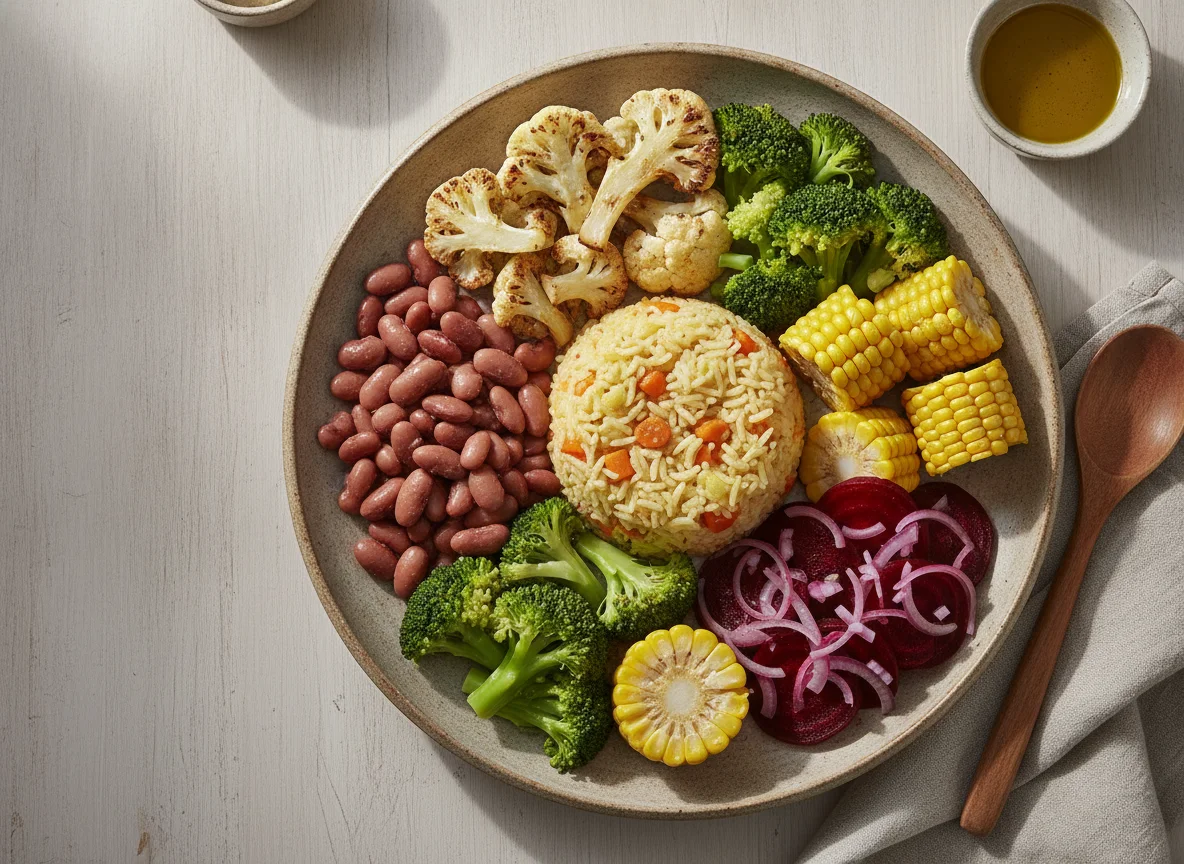 Plato de verduras variadas con arroz y legumbres photo