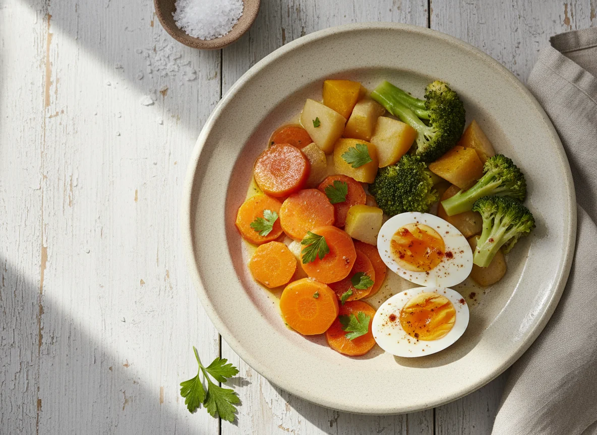 Plato de verduras y huevos cocidos photo