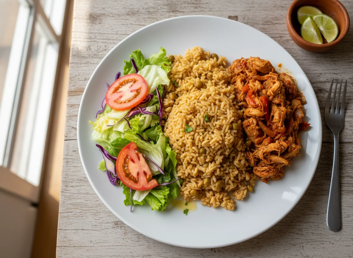 Plato dominicano con arroz con guandules y pollo desmenuzado photo