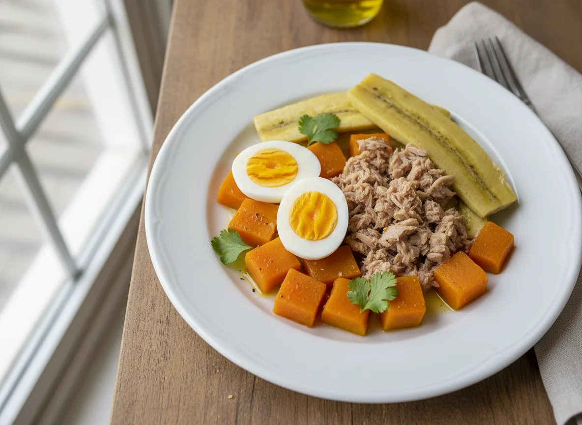 Plato dominicano con atún, huevos, auyama y plátano photo