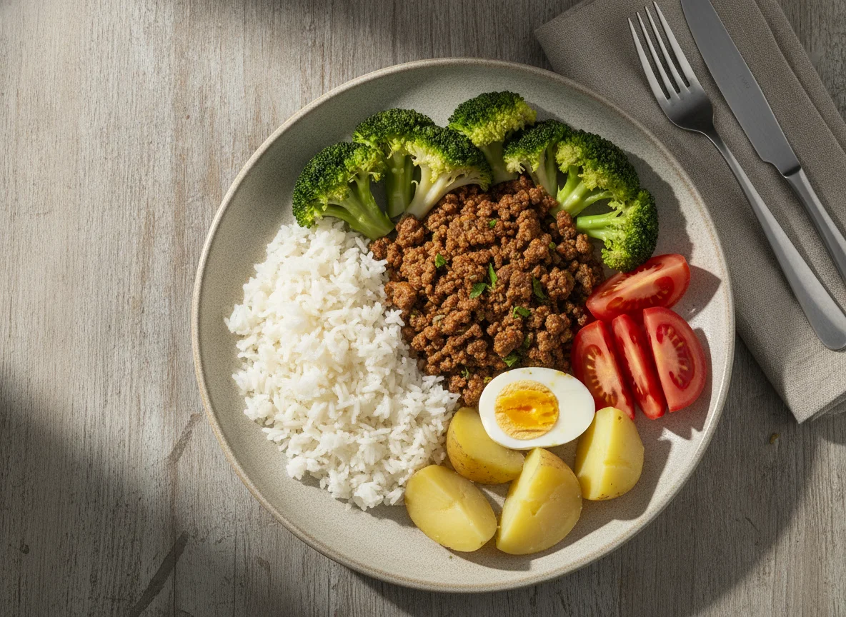 Plato equilibrado con carne, huevo y vegetales photo
