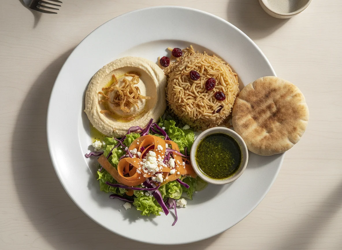 Plato mediterráneo con hummus, arroz y ensalada photo