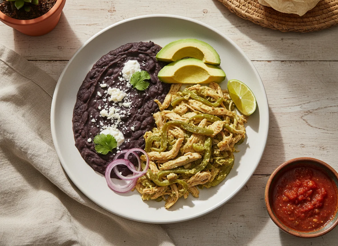 Plato Mexicano con Frijoles, Pollo con Rajas y Aguacate photo
