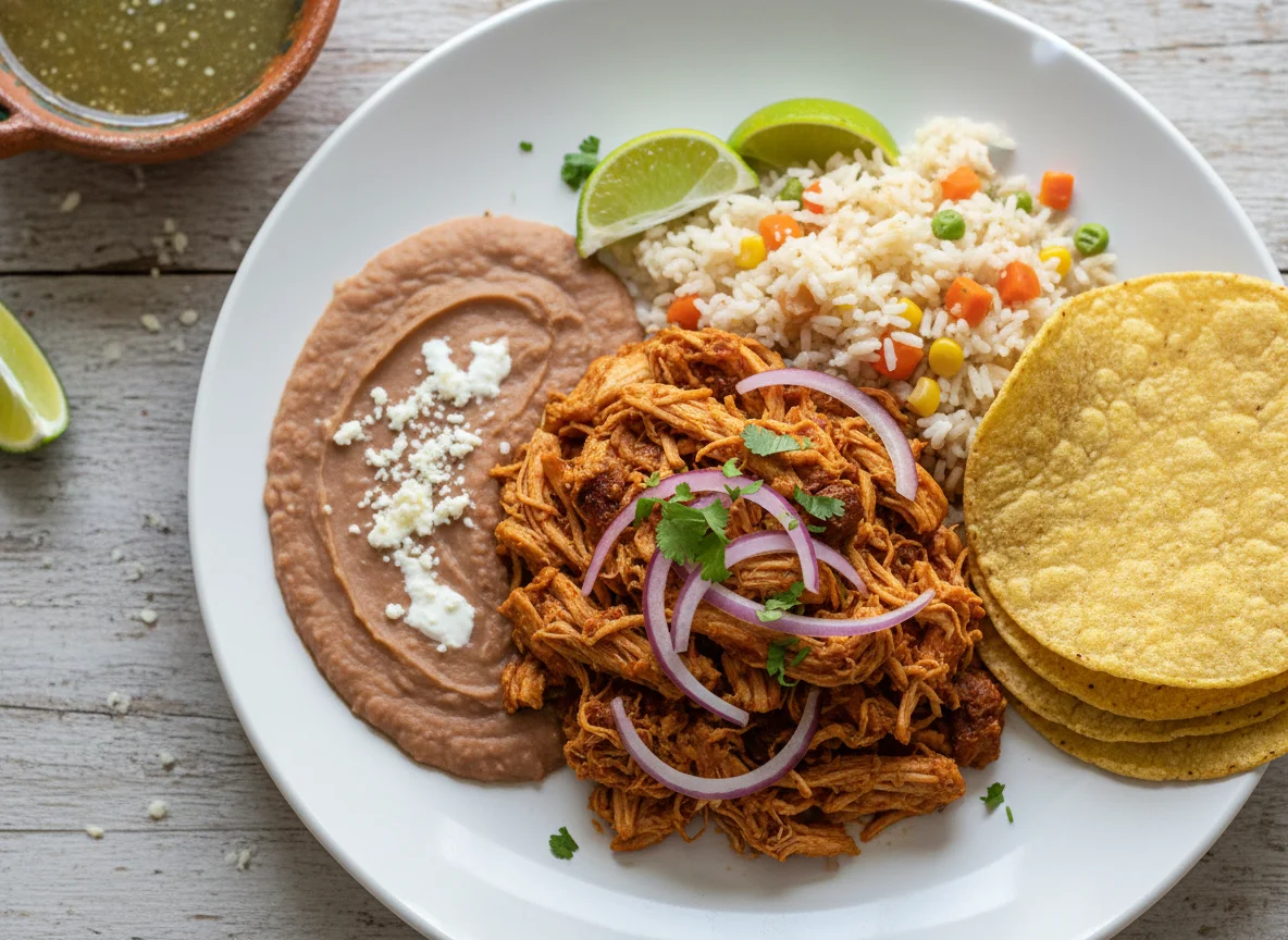 Plato Mexicano con Tinga, Frijoles, Arroz y Tortillas photo