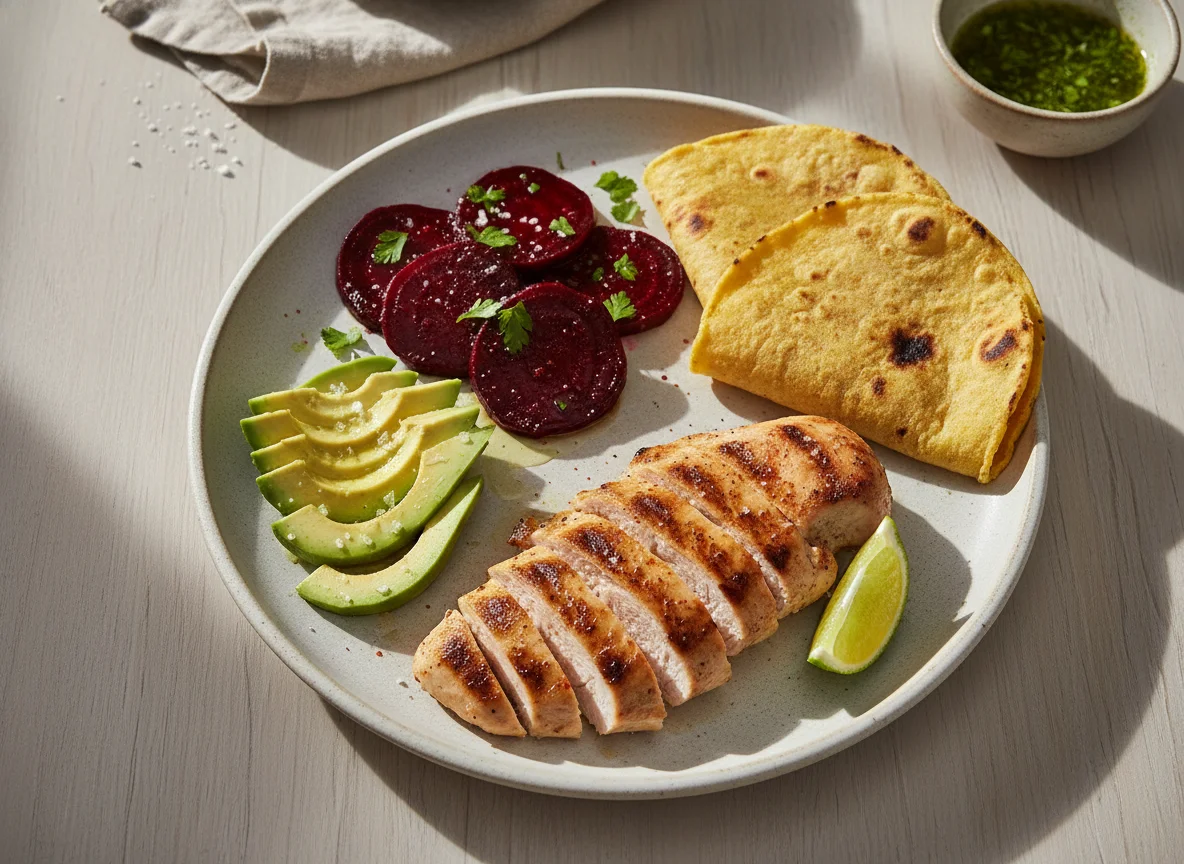 Plato mixto con aguacate, remolacha, tortilla y pollo photo