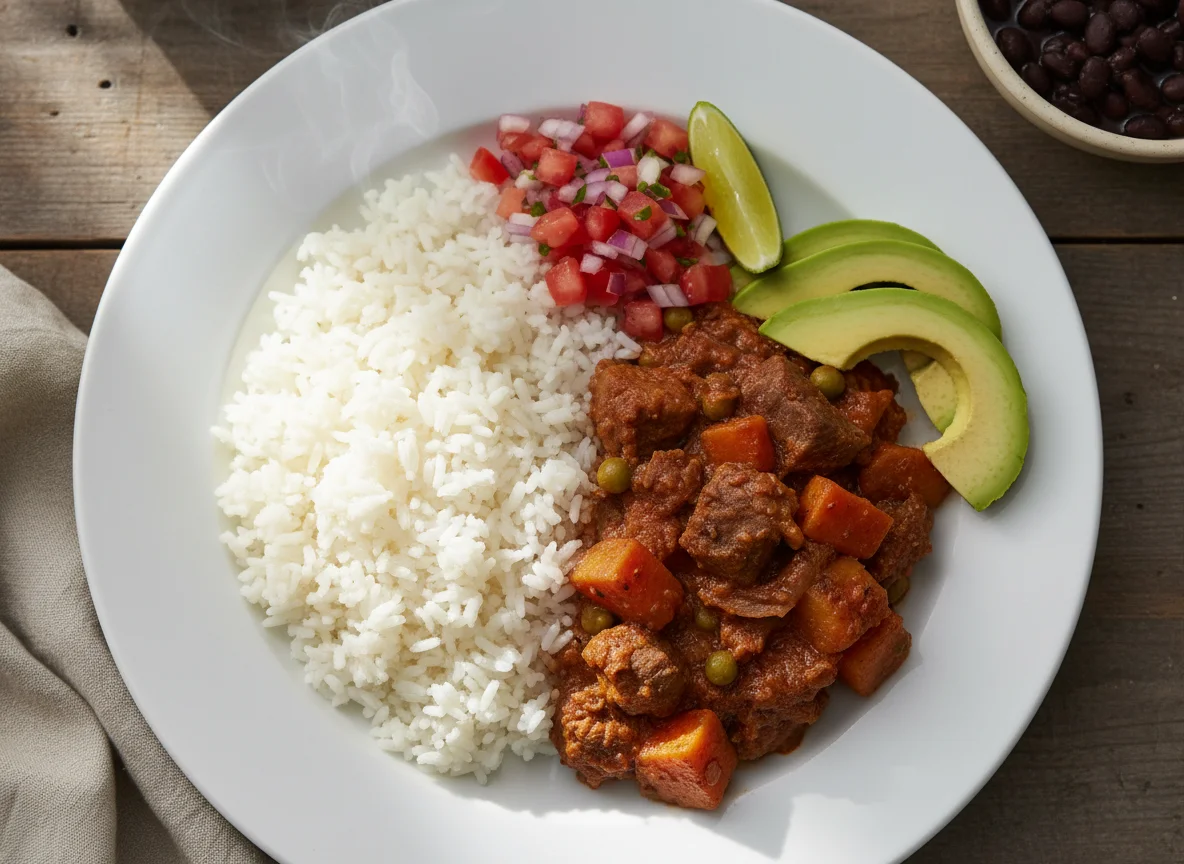 Plato mixto con arroz, aguacate y guiso photo