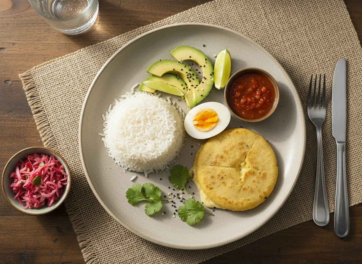 Plato mixto con arroz, aguacate y pupusa photo