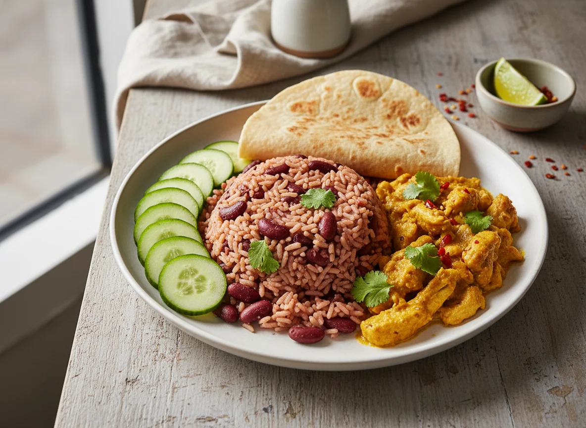 Plato mixto con arroz, frijoles, pepino, pollo al curry y tortilla photo