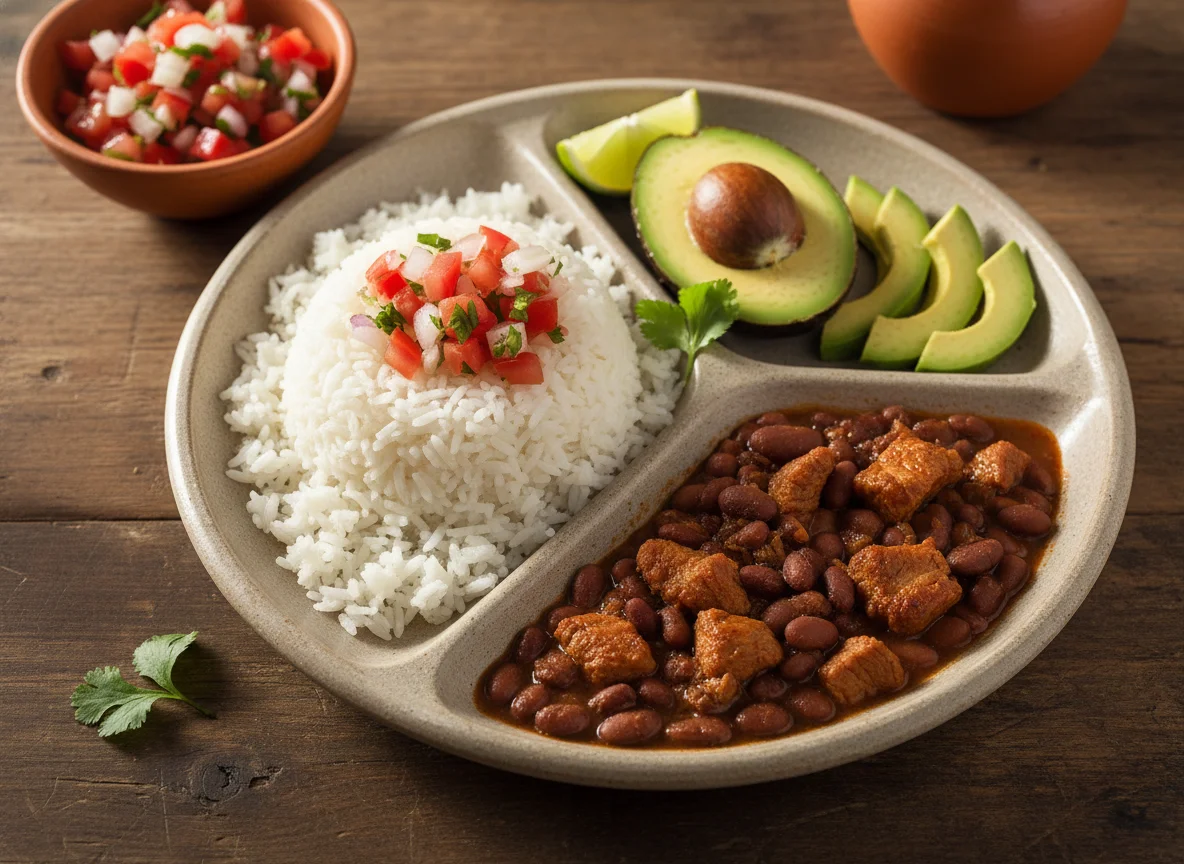 Plato mixto con arroz, frijoles y aguacate photo
