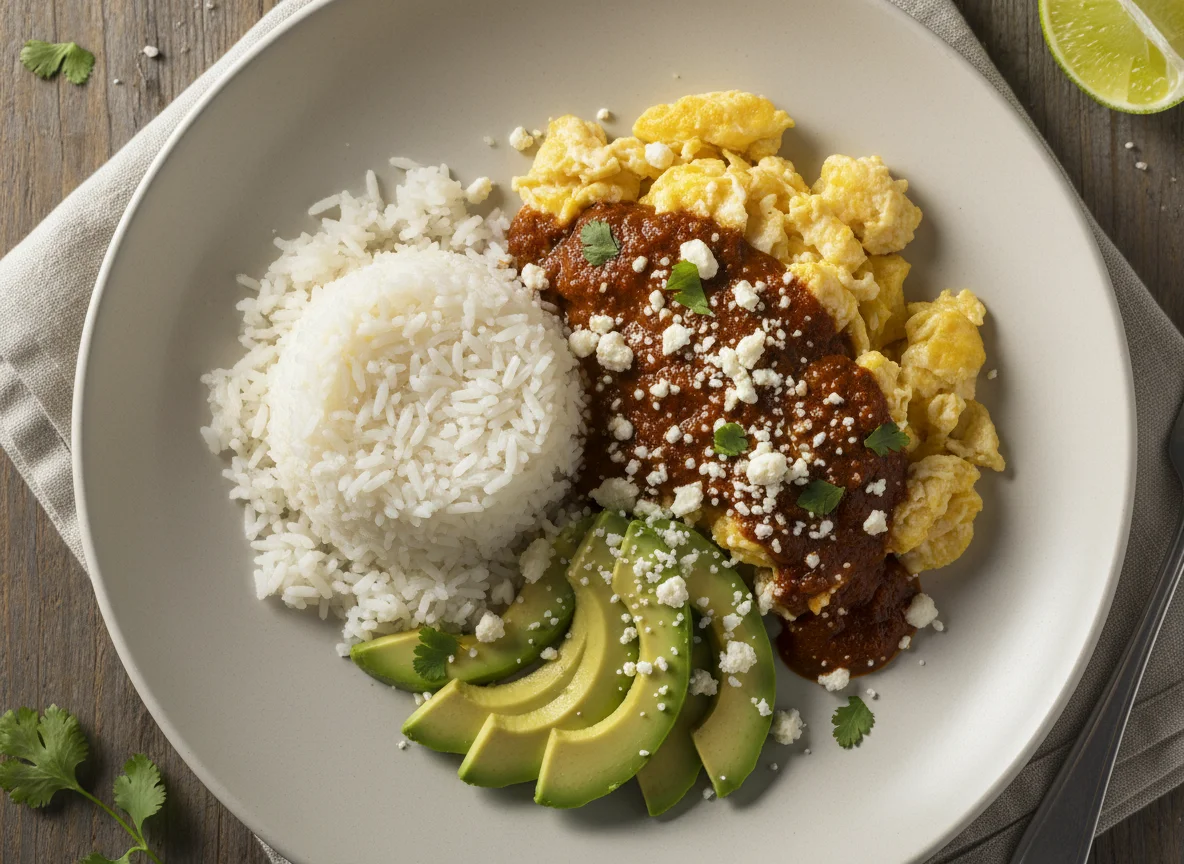 Plato mixto con arroz, huevo, aguacate y salsa photo