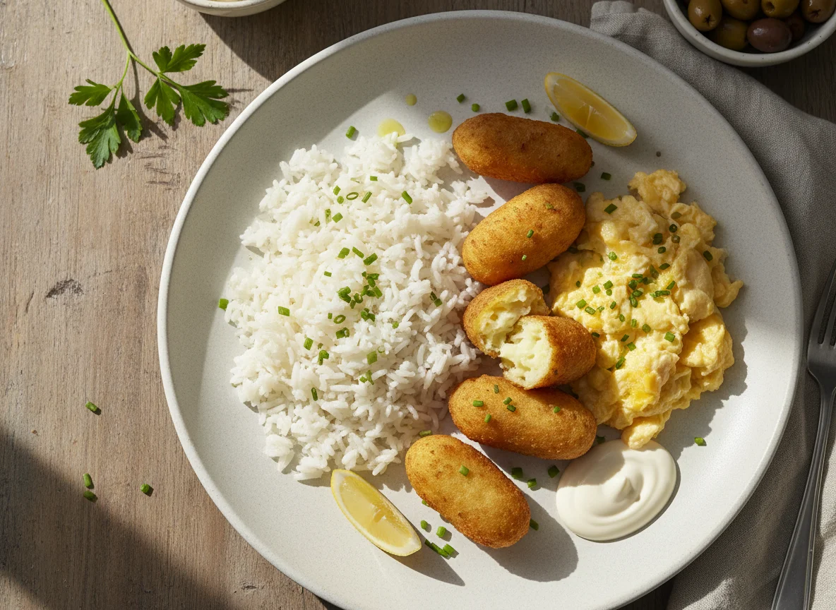 Plato mixto con arroz, huevos revueltos y croquetas photo