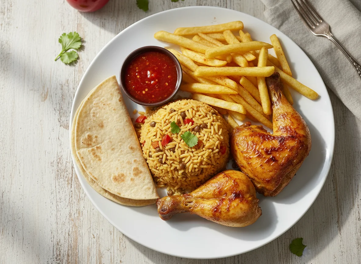 Plato mixto con arroz, pollo y papas fritas photo
