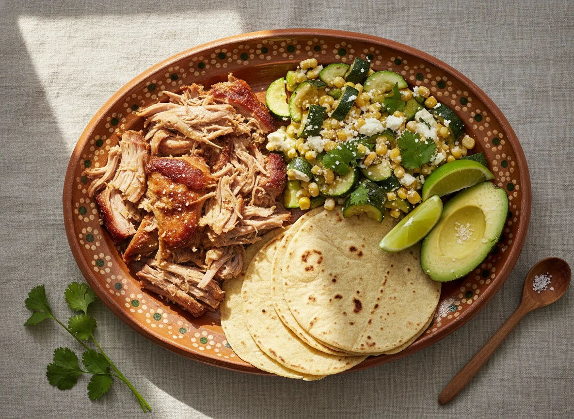 Plato mixto con carne de cerdo, calabacitas y tortillas photo