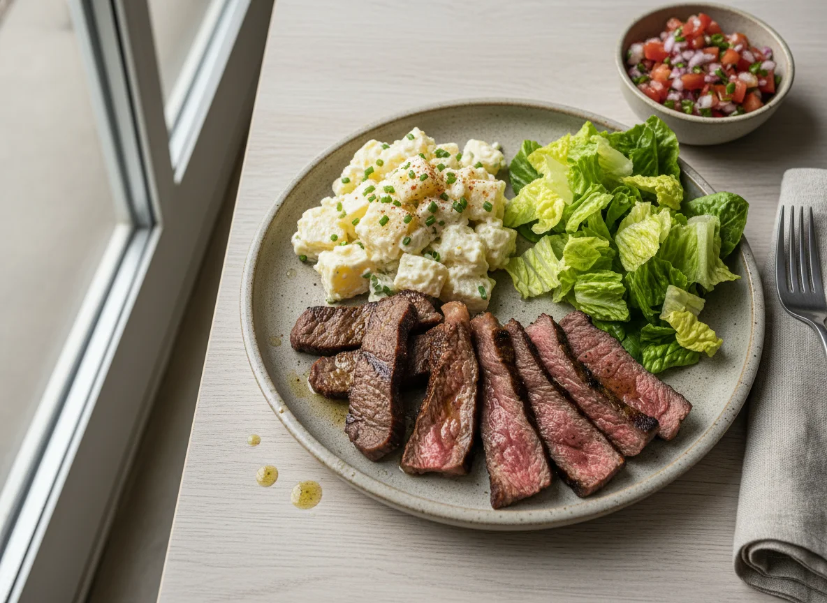 Plato mixto con carne, ensalada y papas mayo photo