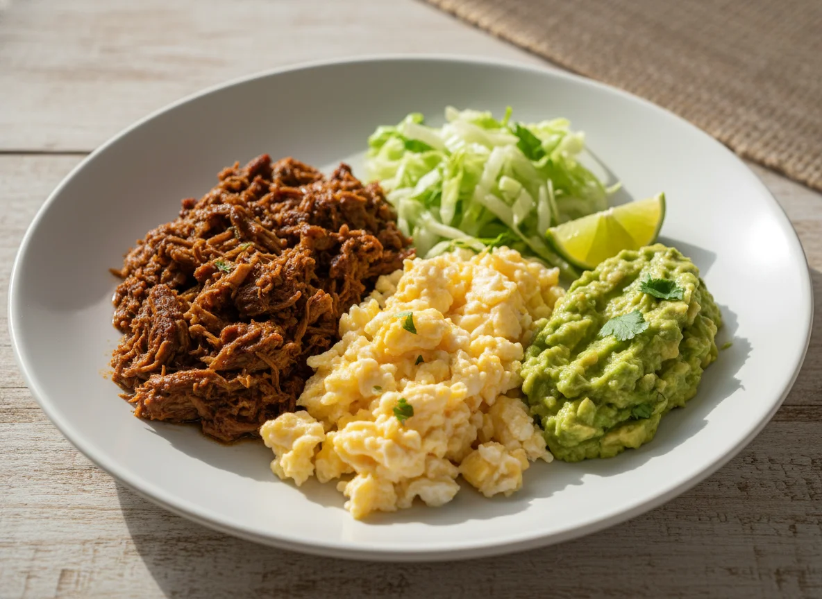 Plato mixto con carne, huevo revuelto y palta photo