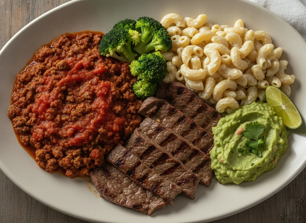Plato mixto con carne molida, bistec, coditos y guacamol photo