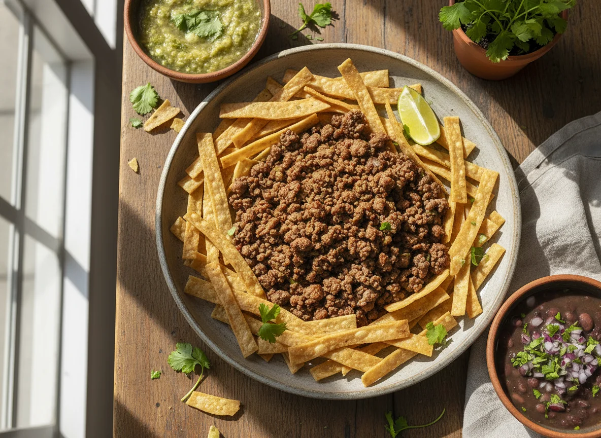 Plato mixto con carne molida y frijoles photo