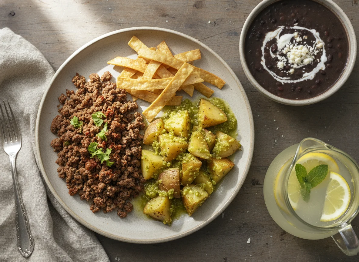Plato mixto con carne molida y sopa de frijoles photo