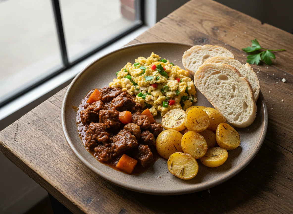 Plato mixto con carne, papa, revoltillo y pan photo