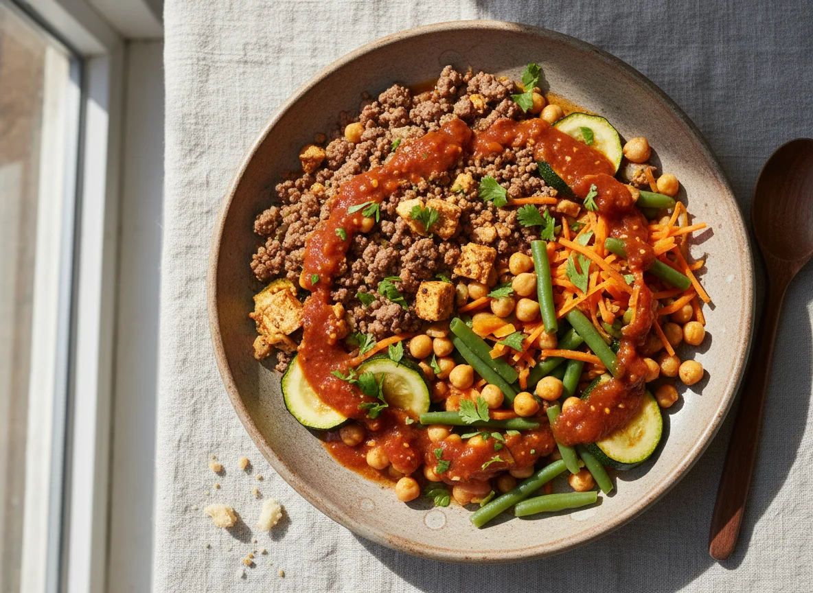 Plato mixto con carne picada y verduras photo